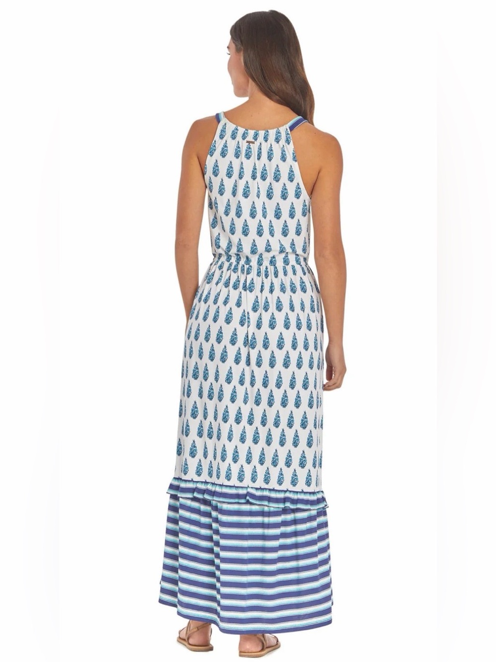 CABANA LIFE Delray Blue White Floral Halter Tie Waist Maxi Dress Size M - Picture 7 of 14